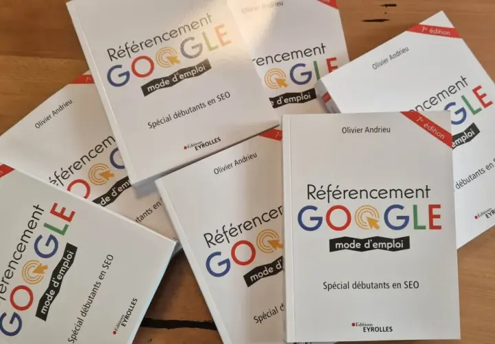 Collection d'un livre exemple : "Référencement Google" par Olivier Andrieu, 7ème édition, spécial débutants en SEO.