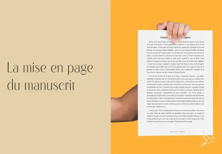 La mise en page du manuscrit, une scène évoquant les éditions Stock, avec un texte manuscrit en cours de lecture.