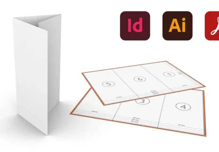 Un dépliant blanc ouvert, avec des gabarits de mise en page imprimés et les logos Adobe InDesign, Illustrator et Acrobat.