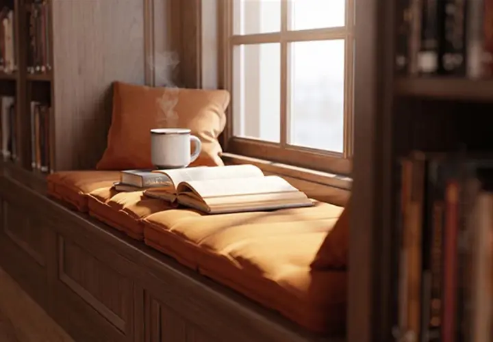 Un coin lecture douillet avec une tasse fumante et des livres ouverts, parfait pour découvrir les meilleurs livres fantasy adulte.
