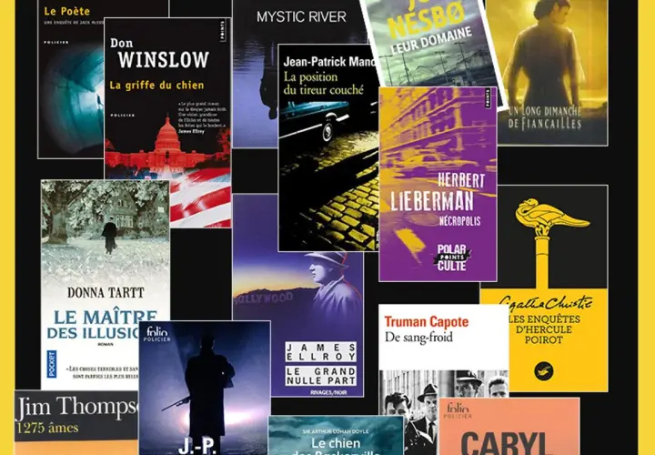 Une mosaïque de couvertures de livres, dont certains des meilleurs polars comme "La griffe du chien" de Don Winslow et "Le maître des illusions" de Donna Tartt.