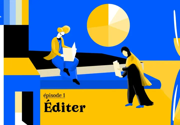 Deux personnes lisent un livre, une scène qui pourrait inspirer un podcast ou une lecture. L'épisode 1 s'intitule "Éditer".
