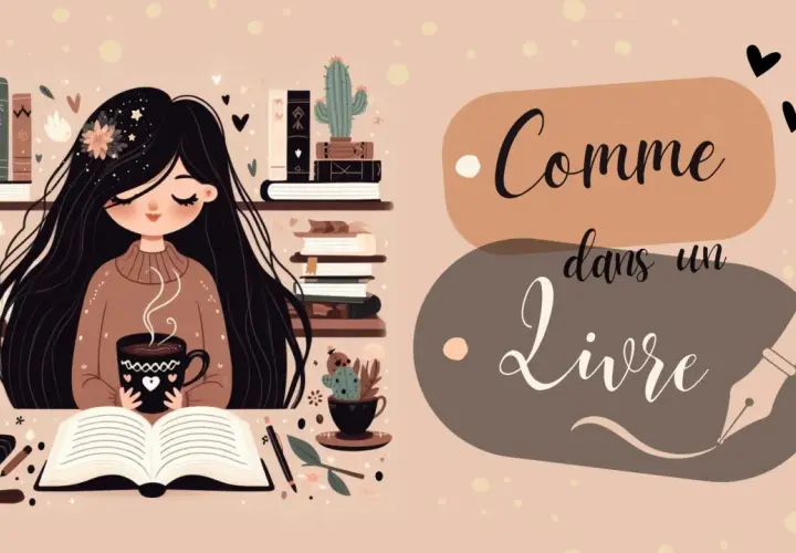 Une jeune femme aux longs cheveux noirs savoure une boisson chaude en lisant un livre ouvert, entourée de plantes et de livres. Un moment de lecture feel good.