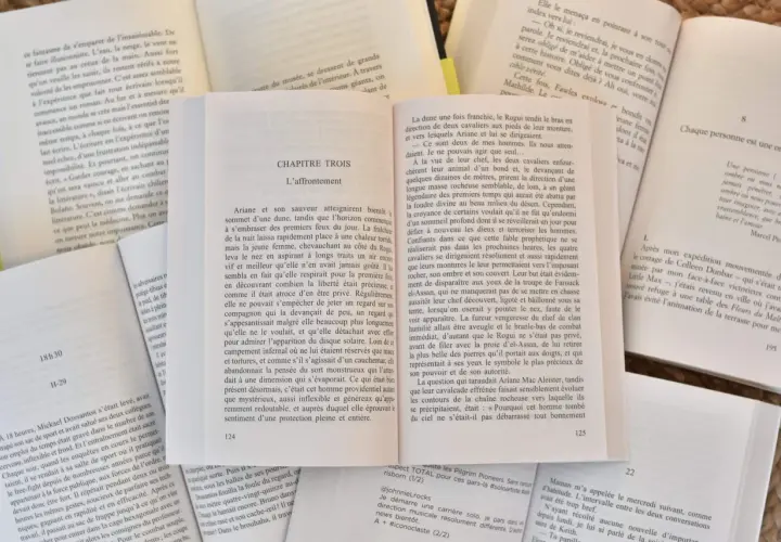 Un manuscrit ouvert, avec des pages remplies de texte. L'une des pages mentionne "protéger son manuscrit", suggérant un thème de préservation ou de création littéraire.