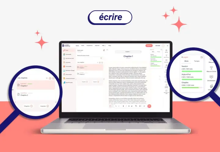 Interface d'un logiciel d'écriture de roman, "Write Control", affichant la gestion des chapitres et des statistiques d'écriture.