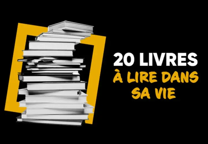 Une pile de livres, encadrée par un 7 jaune, invite à découvrir les grands classiques de la littérature mondiale. 20 livres à lire dans sa vie.