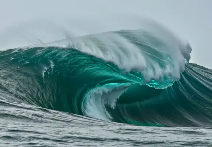 Vague immense et turquoise, un spectacle de la nature. Une idée histoire à écrire sur la puissance des océans et le courage des hommes face à eux.