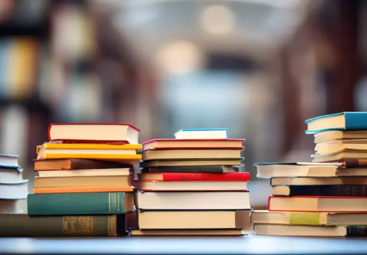 Des piles de livres colorés, formant une chaîne du livre, sur un fond flou de bibliothèque.