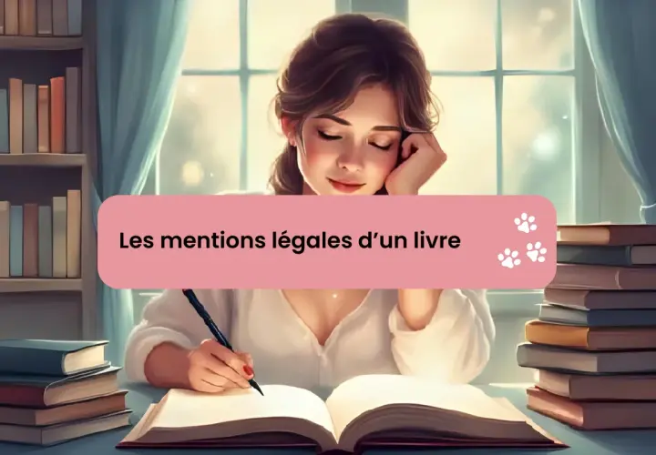 Jeune femme écrivant dans un livre ouvert, entourée de livres. Le texte "Les mentions légales d'un livre" apparaît sur un bandeau rose.