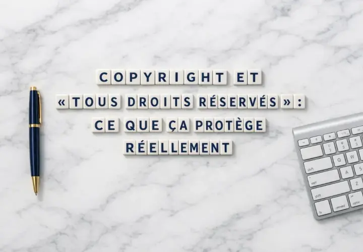 Des lettres forment "Copyright et « Tous droits réservés » : ce que ça protège réellement". Idéal pour une nouvelle maison d'édition.