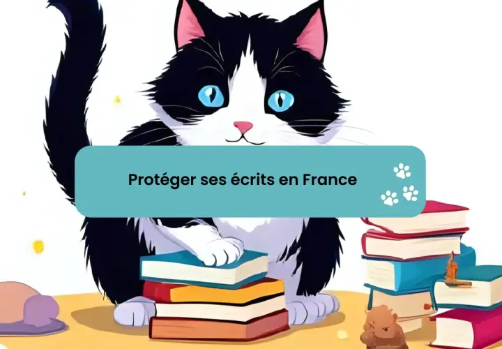 Un chat noir et blanc est assis sur des livres, avec le texte "Protéger ses écrits en France". Aide à choisir quelle maison d'édition choisir.