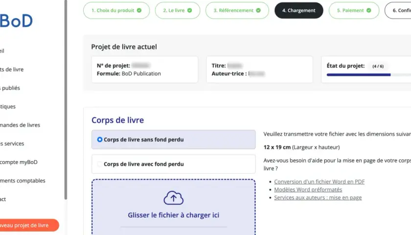 Interface pour le dépôt gratuit de votre livre. Téléchargez votre fichier pour la mise en page.