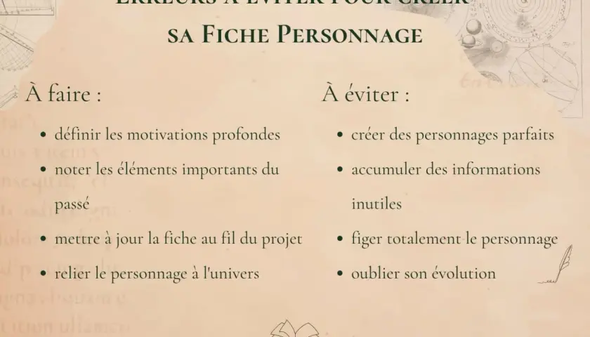Conseils pour créer des fiches personnages : à faire et à éviter. Définir motivations, noter éléments importants, mettre à jour, relier à l'univers. Éviter personnages parfaits, infos inutiles, figer le personnage, oublier son évolution.