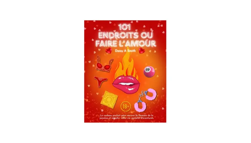 Titre livre amour : "101 Endroits où Faire l'Amour" par Daisy A Smith. Couverture suggestive avec lingerie, préservatif, menottes et lèvres.