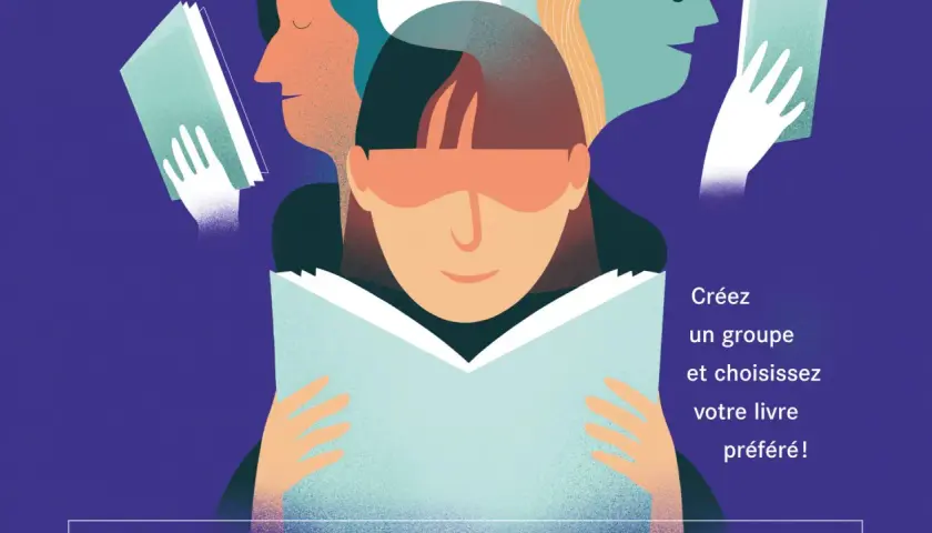 Des visages stylisés lisent des livres, certains tenant des ouvrages comme s'ils étaient des prix littéraires.
