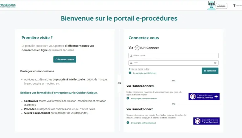 Bienvenue sur le portail e-procédures. Créez votre compte ou connectez-vous via INPI Connect ou FranceConnect pour vos démarches, comme celles d'une maison d'édition compte d'éditeur.