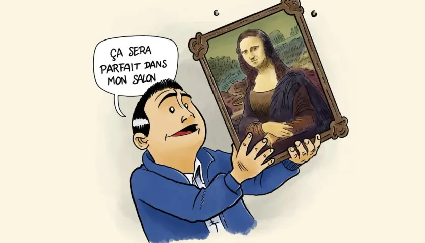 Un homme tient la Joconde, pensant : « Ça sera parfait dans mon salon ». Il ignore comment obtenir les droits d'auteur pour cette œuvre célèbre.