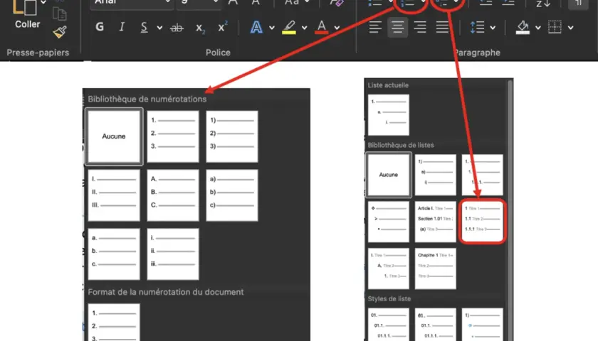 Interface Word montrant la **mise en page automatique** avec des options de listes à puces et numérotées.
