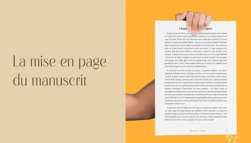 La mise en page d'un livre manuscrit, avec des mains tenant le texte imprimé.