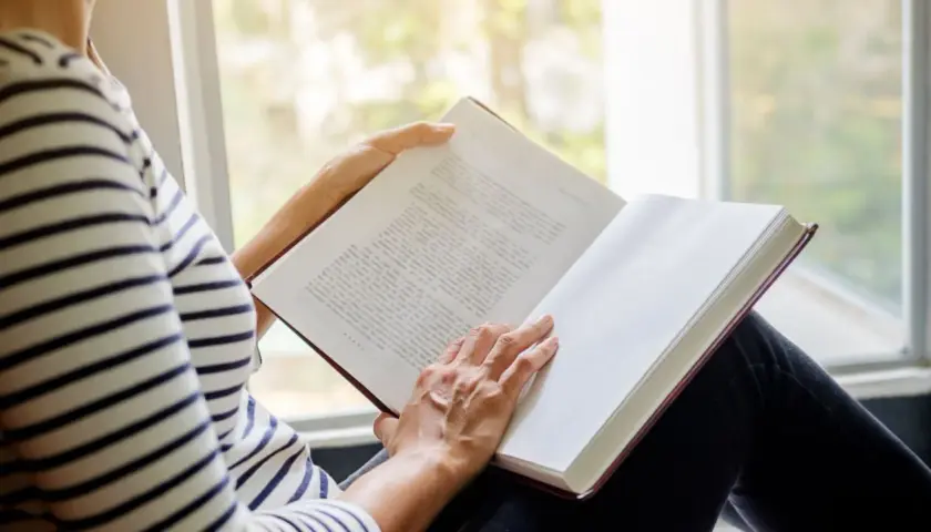 Une personne lit un livre près d'une fenêtre. Les pages sont blanches, suggérant le fin du livre.