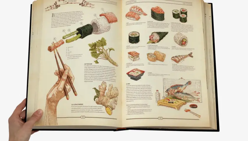 Présentation d'un livre sur les sushis, avec des illustrations détaillées des différents types de sushis, du wasabi, du gingembre et du riz.