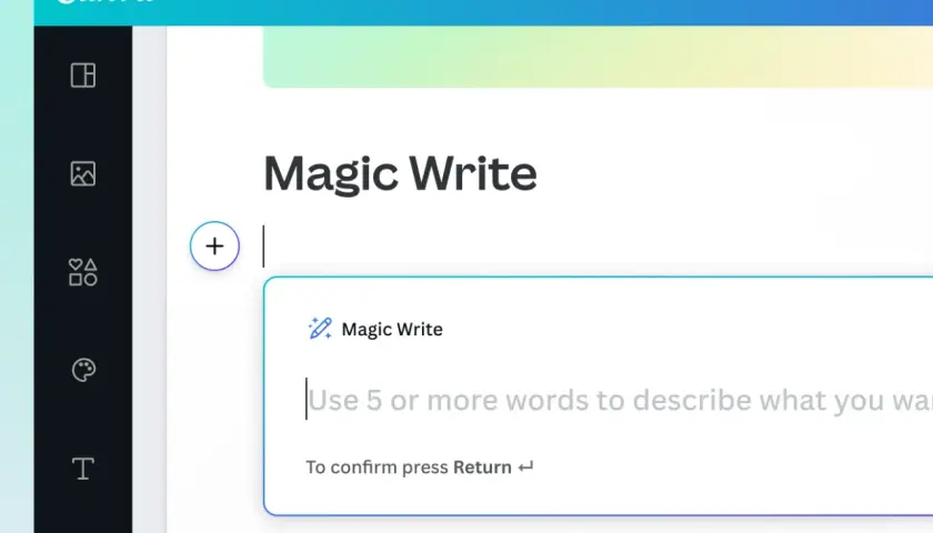 Interface Canva avec l'outil "Magic Write". Quand je suis à court d'idée, je l'utilise pour générer du texte.
