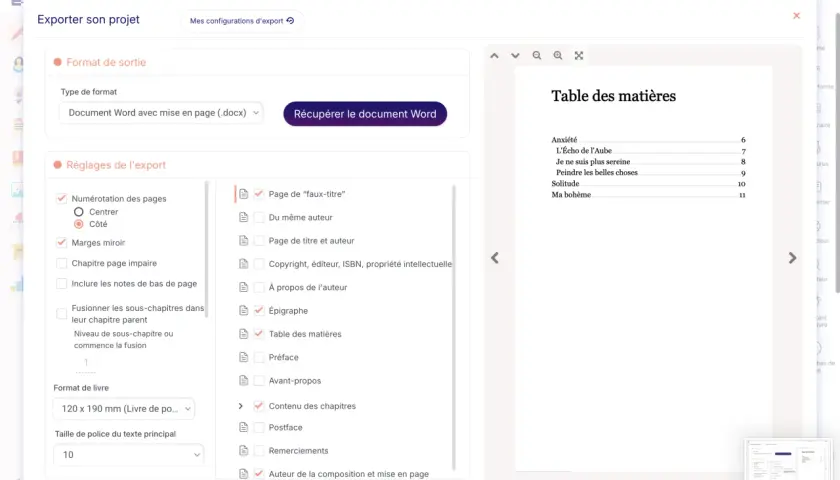Interface d'une maison d'édition poésie pour exporter un projet en Word. Table des matières visible.