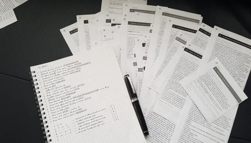 Un cahier de notes avec une liste de mots-clés et des articles de journaux sur le thème des armes. Le synopsis définit le sujet.