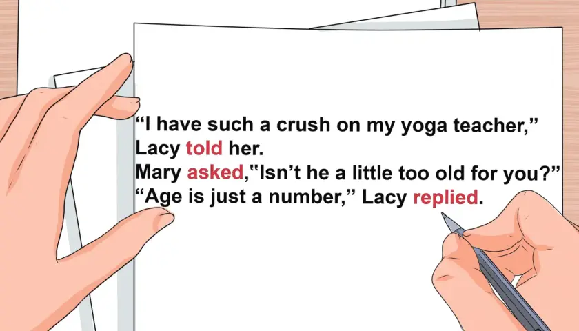Un exemple de texte dialogue : Lacy confie à Mary son béguin pour son prof de yoga. Mary s'interroge sur l'âge, Lacy répond.