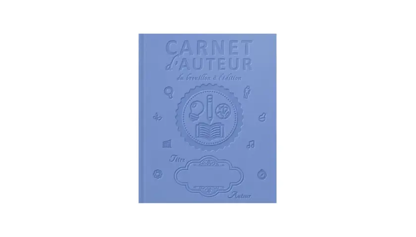 Carnet d'auteur bleu ciel, idéal pour le scrineo manuscrit. Il présente des icônes créatives et un espace pour le titre et le nom de l'auteur.