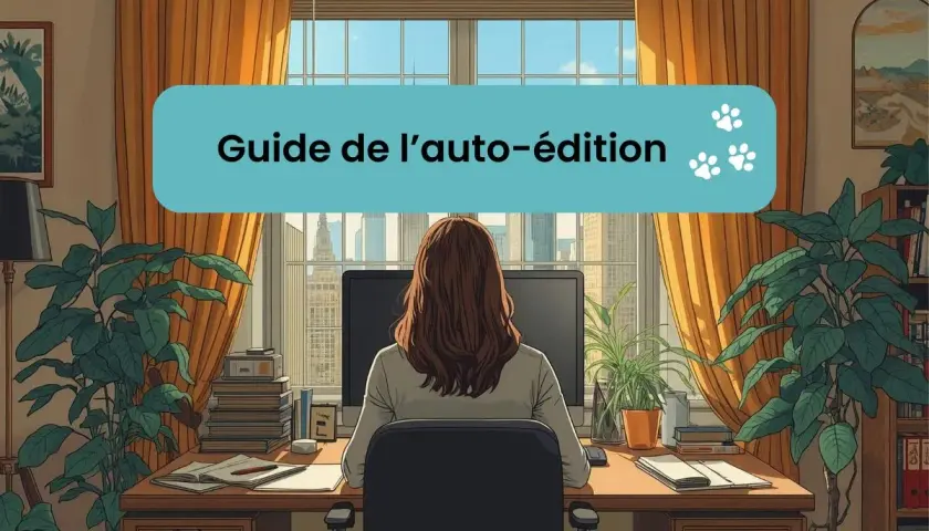 Une personne travaille sur son ordinateur, un guide de l'auto-édition est affiché. C'est quoi l'édition d'un livre ?