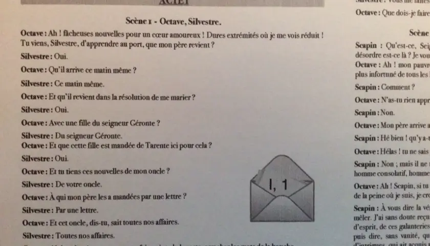 Extrait d'une pièce de théâtre pour collège : Octave apprend le retour de son père et un mariage arrangé. Une scène pleine de rebondissements.