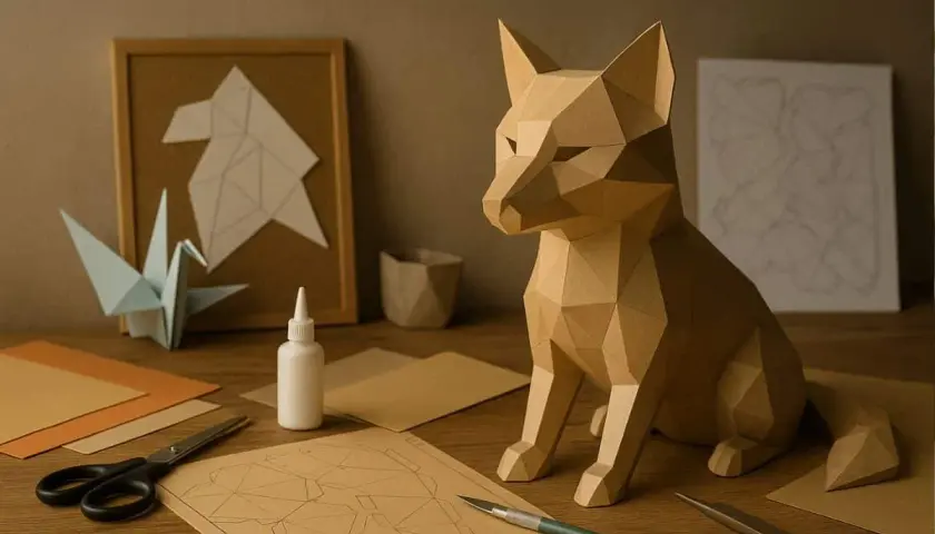 Un renard en papier, prêt à être assemblé, repose sur un bureau avec des ciseaux, de la colle et des patrons. Un origami de grue et un dessin géométrique complètent la scène, comme un projet en format poche.