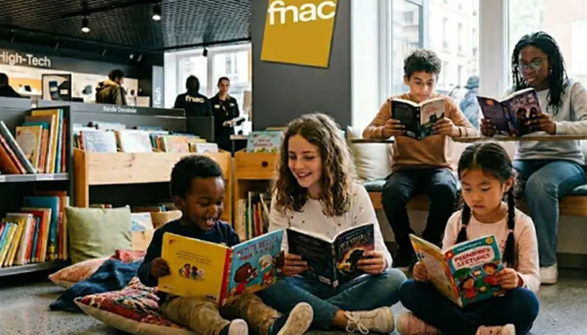 Des enfants plongent dans des albums jeunesse incontournables, un moment de lecture paisible dans un magasin Fnac.