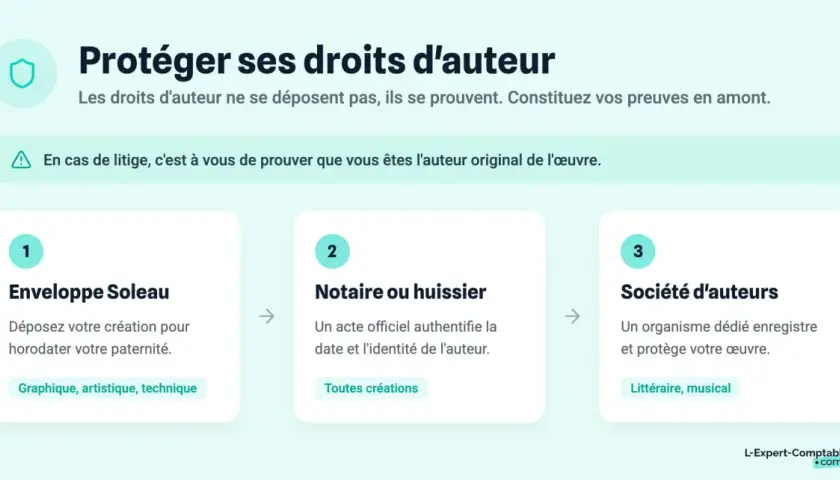 Protéger ses droits d'auteur : 3 méthodes pour prouver votre paternité : Enveloppe Soleau, notaire/huissier, société d'auteurs. Déposer copyright.
