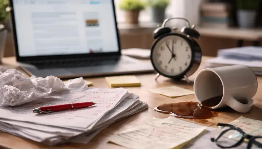 Bureau en désordre : café renversé, papiers annotés, réveil et ordinateur portable. Le travail acharné, sans erreur ou sans erreurs, peut parfois mener à des imprévus.