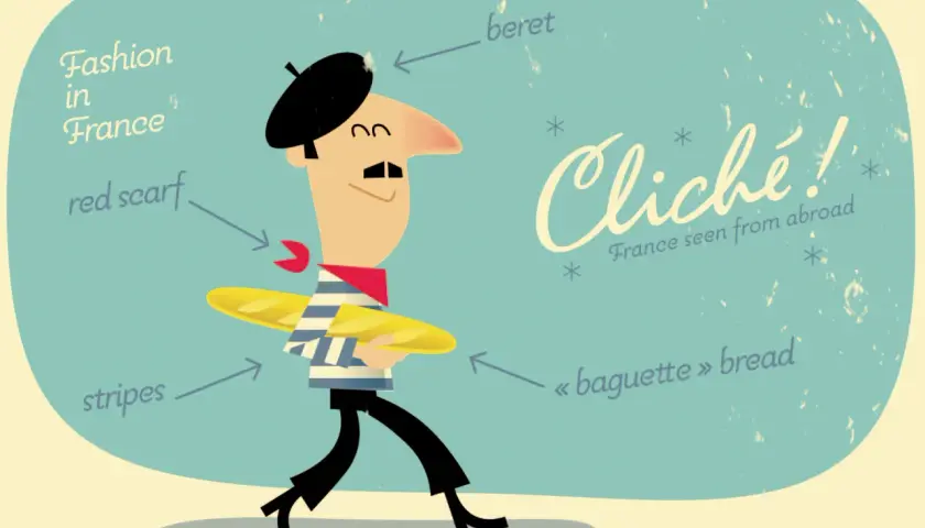Un homme porte un béret, une marinière, un foulard rouge et une baguette, une figure de style de la mode française.