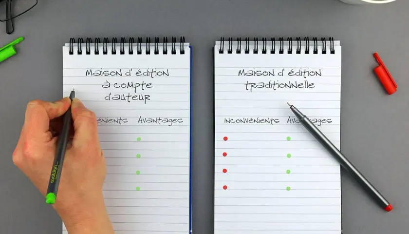 Deux carnets comparant les avantages et inconvénients d'une maison d'édition à compte d'auteur et traditionnelle.