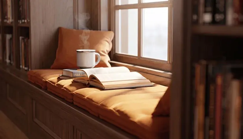 Un coin lecture douillet avec une tasse fumante et des livres ouverts, parfait pour découvrir les meilleurs livres fantasy adulte.
