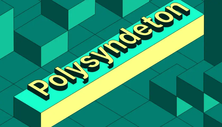 Texte en 3D "Polysyndeton" sur un fond géométrique vert. Le polysyndète, une figure de style, est ici mis en avant.