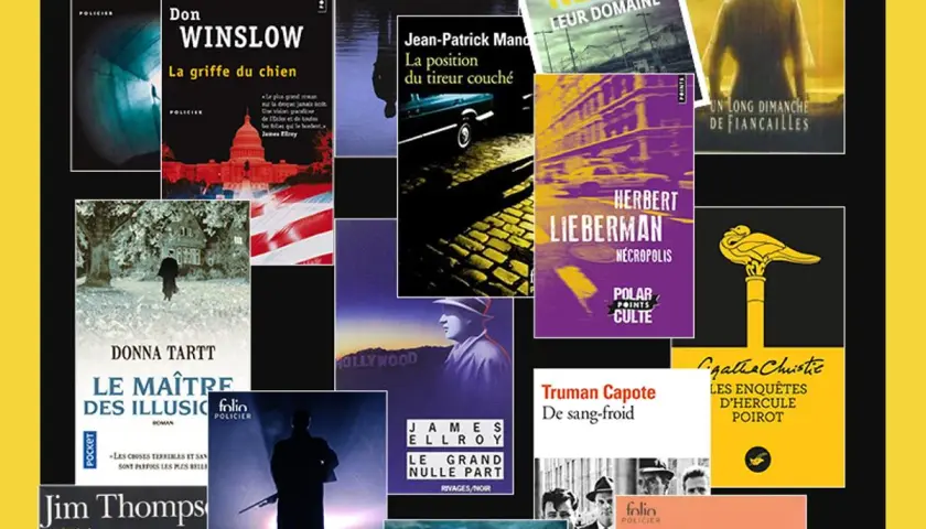 Une mosaïque de couvertures de livres, dont certains des meilleurs polars comme "La griffe du chien" de Don Winslow et "Le maître des illusions" de Donna Tartt.