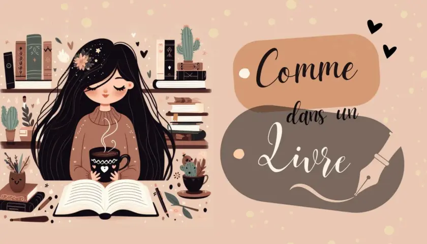 Une jeune femme aux longs cheveux noirs savoure une boisson chaude en lisant un livre ouvert, entourée de plantes et de livres. Un moment de lecture feel good.