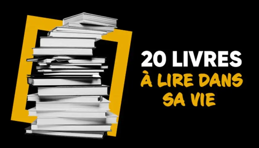 Une pile de livres, encadrée par un 7 jaune, invite à découvrir les grands classiques de la littérature mondiale. 20 livres à lire dans sa vie.