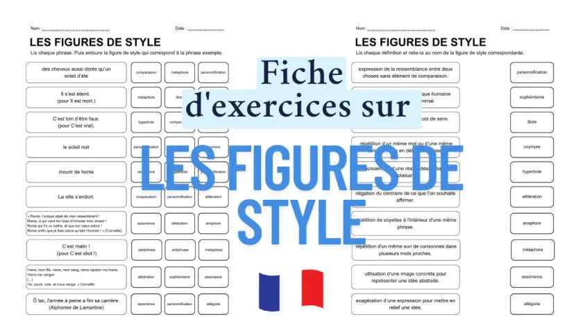 Fiche d'exercices sur le nombre de figures de style. Les élèves doivent identifier et relier les figures de style aux définitions.