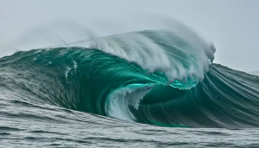 Vague immense et turquoise, un spectacle de la nature. Une idée histoire à écrire sur la puissance des océans et le courage des hommes face à eux.
