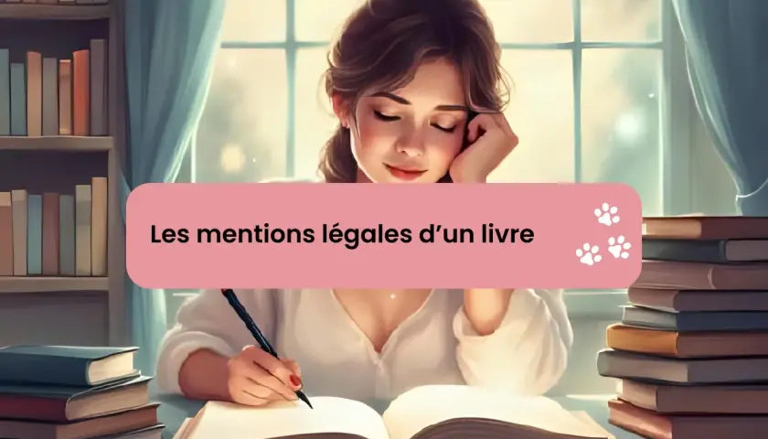 Jeune femme écrivant dans un livre ouvert, entourée de livres. Le texte "Les mentions légales d'un livre" apparaît sur un bandeau rose.