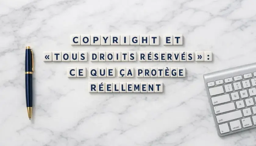 Des lettres forment "Copyright et « Tous droits réservés » : ce que ça protège réellement". Idéal pour une nouvelle maison d'édition.