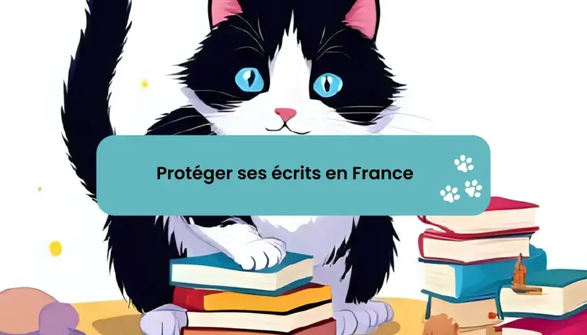 Un chat noir et blanc est assis sur des livres, avec le texte "Protéger ses écrits en France". Aide à choisir quelle maison d'édition choisir.