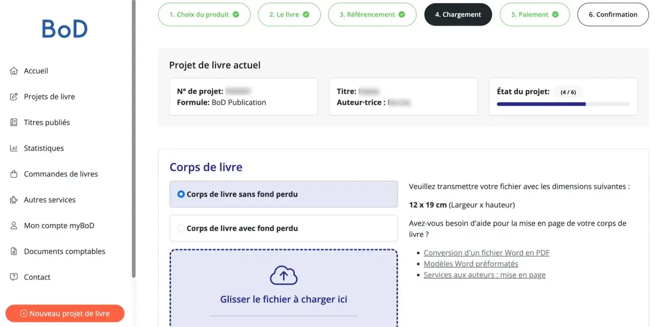 Interface pour le dépôt gratuit de votre livre. Téléchargez votre fichier pour la mise en page.