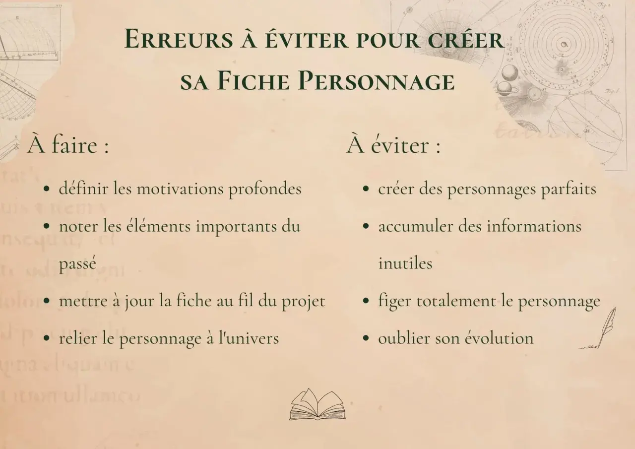 Conseils pour créer des fiches personnages : à faire et à éviter. Définir motivations, noter éléments importants, mettre à jour, relier à l'univers. Éviter personnages parfaits, infos inutiles, figer le personnage, oublier son évolution.